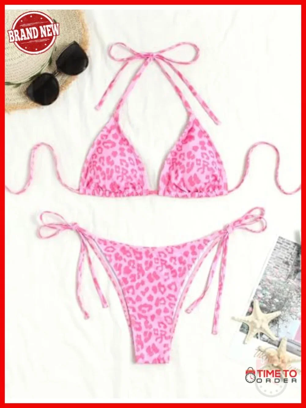Printed Triangle Bikini Set - Halter Top, High Cut Side Tie Bottom, Quick Dry,